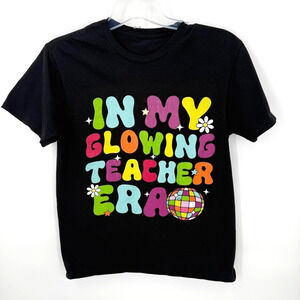 In My Glowing Teacher Era Graphic T Shirt Womens M Black Retro Groovy Tee